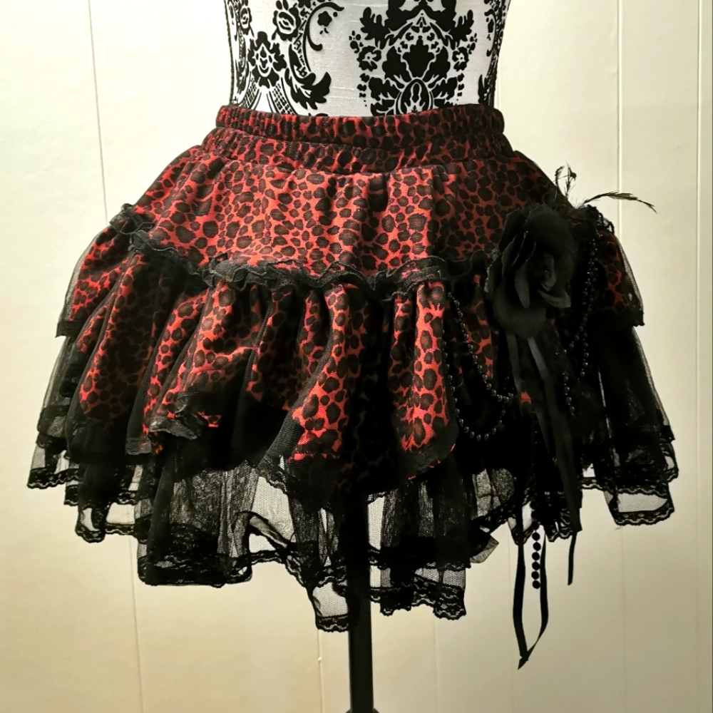 Gothic Leopard & Lace Skirt with Rose Accent